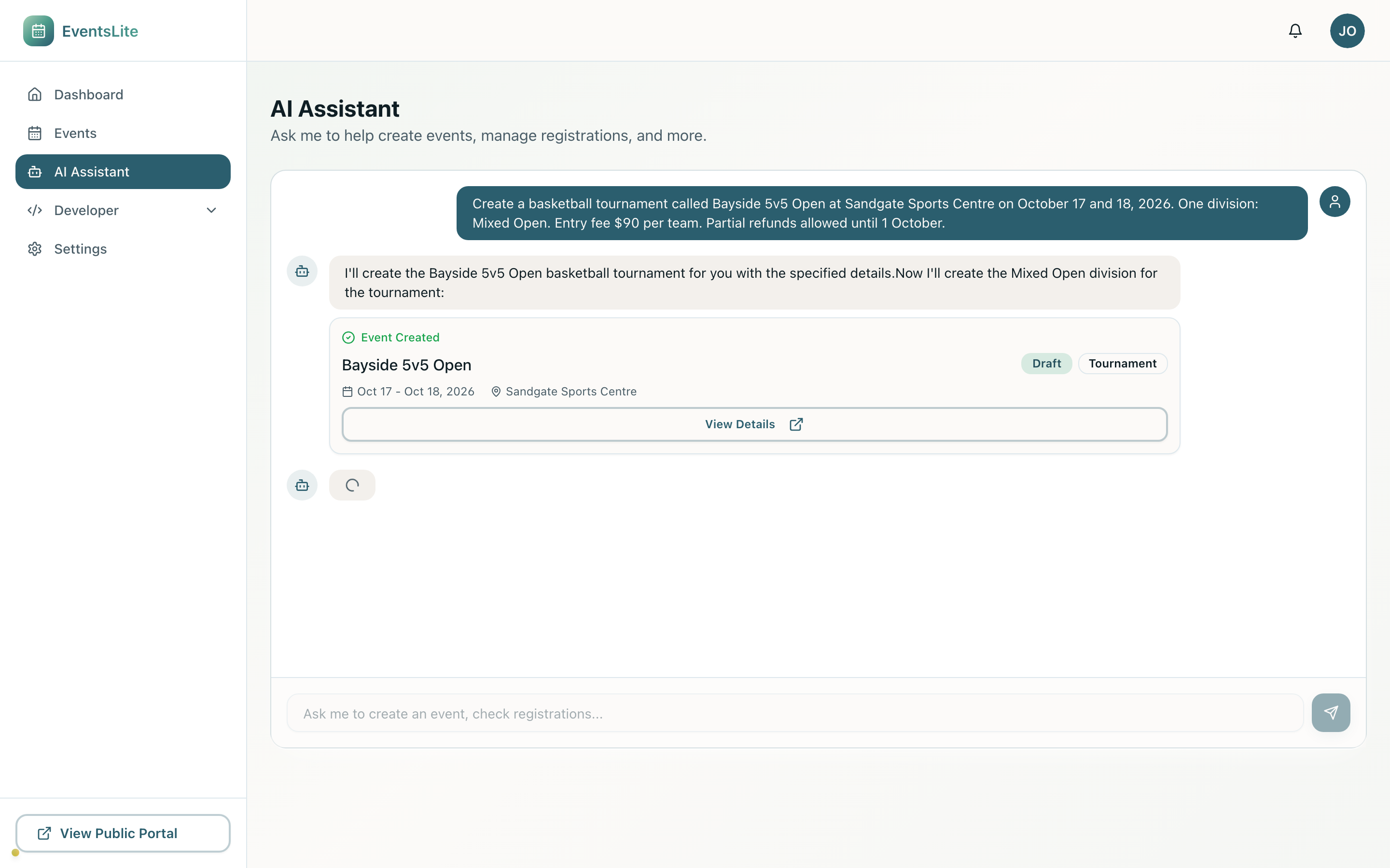 The Events Lite AI assistant creating Bayside 5v5 Open from a single sentence: a basketball tournament at Sandgate Sports Centre on 17-18 October.