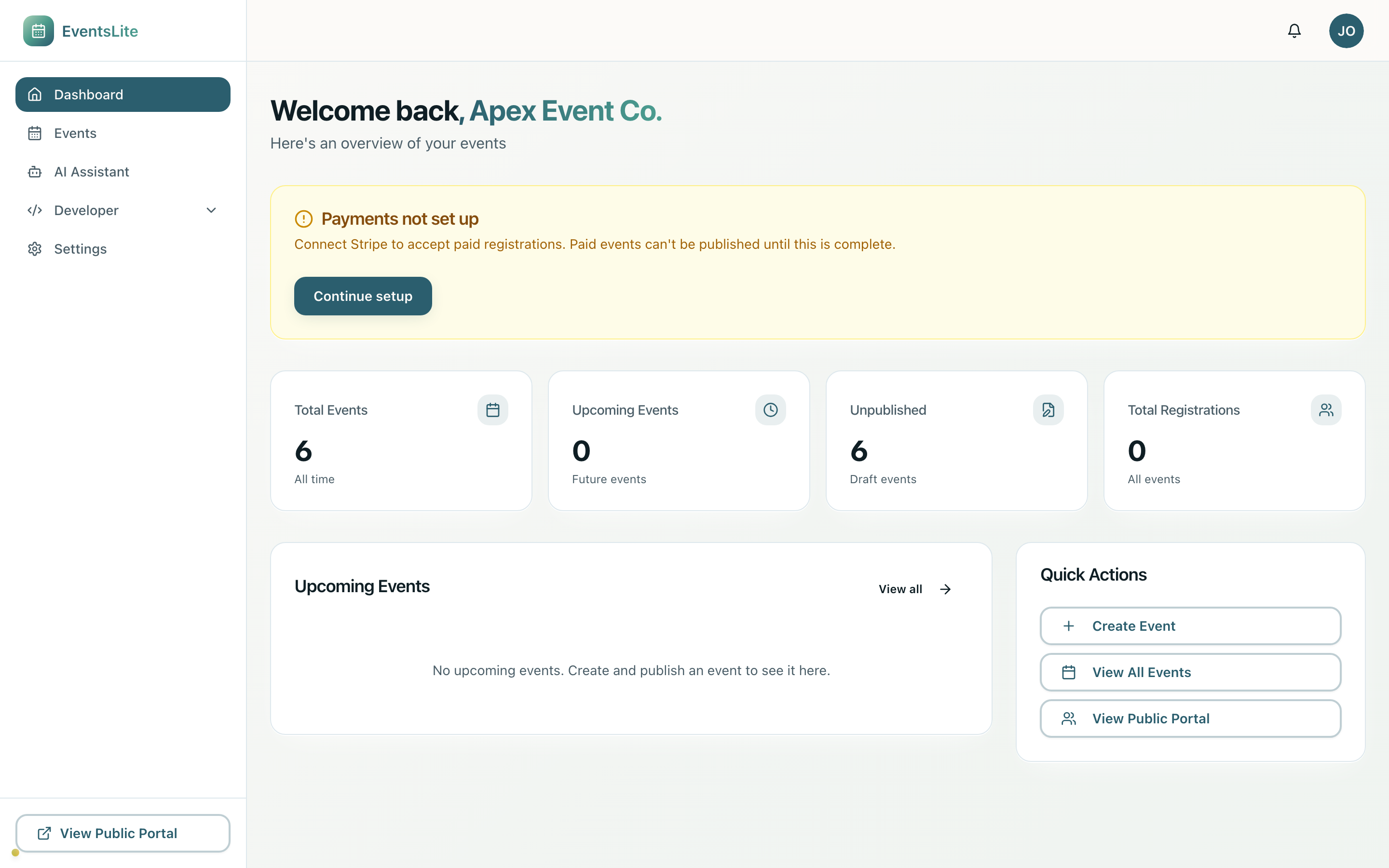 The Events Lite organiser dashboard, showing six events in flight, registration totals, and quick actions.