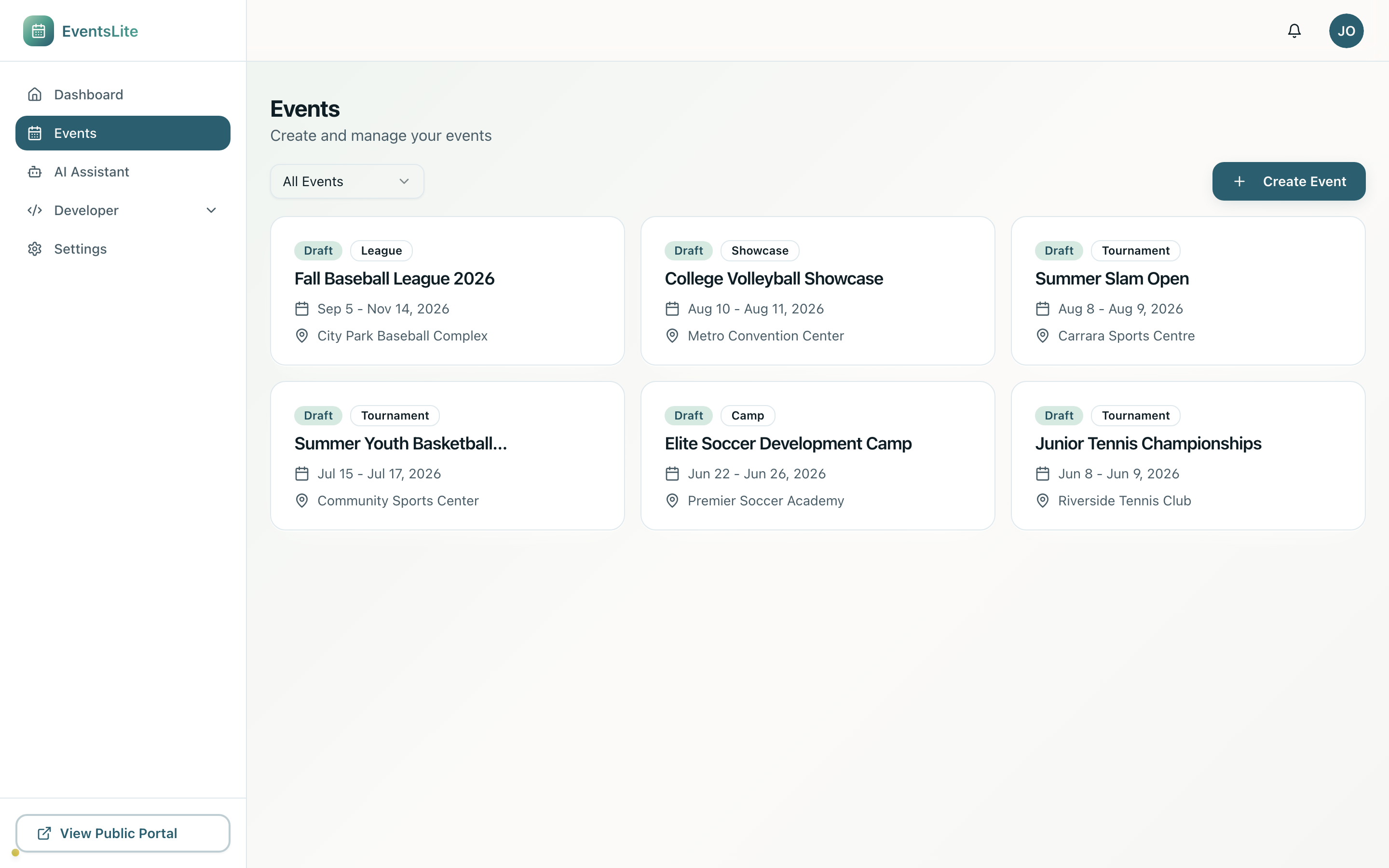 The Events Lite organiser dashboard, showing six in-flight tournaments and showcases across the year.