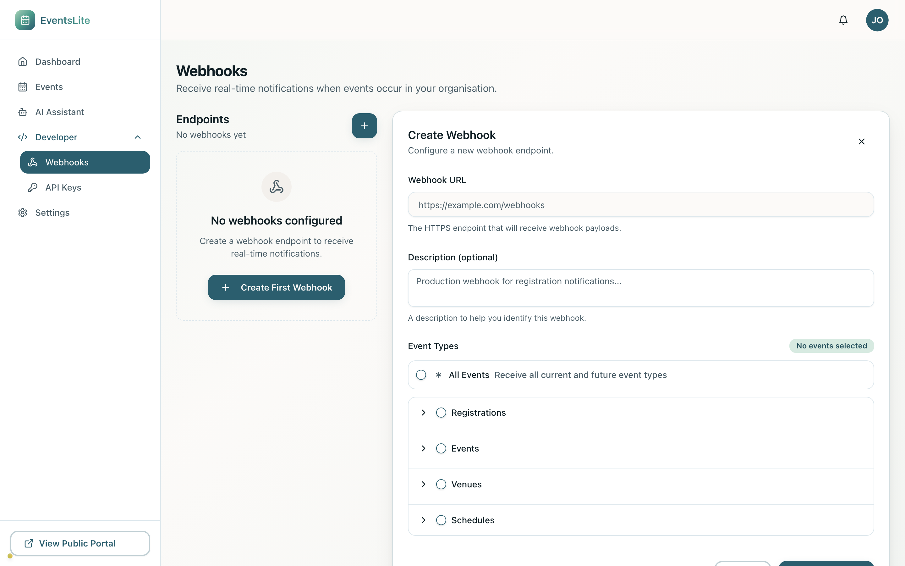 Adding a webhook endpoint inside Events Lite: pick a URL, name it, and subscribe to events like registrations, schedules, and venues.